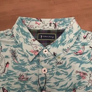 William Murray High Tide Polo Shirt Mens Medium Green Golf Print Performance